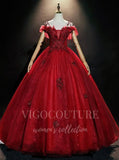 vigocouture-Dark Red Lace Applique Quinceañera Dresses Spaghetti Strap Ball Gown 20483-Prom Dresses-vigocouture-Red-Custom Size-