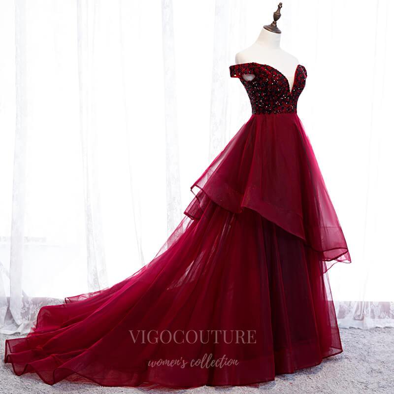 vigocouture-Dark Red Tiered V-Neck Prom Dress 2022 Off the Shoulder Formal Dress 20549-Prom Dresses-vigocouture-