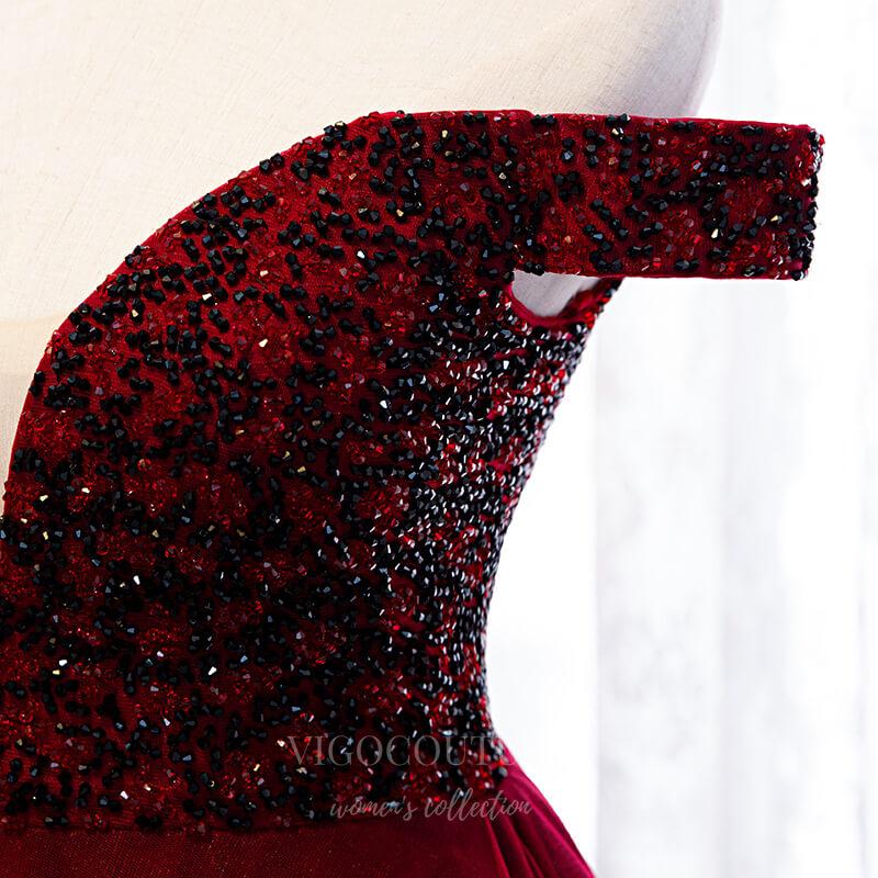 vigocouture-Dark Red Tiered V-Neck Prom Dress 2022 Off the Shoulder Formal Dress 20549-Prom Dresses-vigocouture-