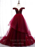vigocouture-Dark Red Tiered V-Neck Prom Dress 2022 Off the Shoulder Formal Dress 20549-Prom Dresses-vigocouture-Red-US2-