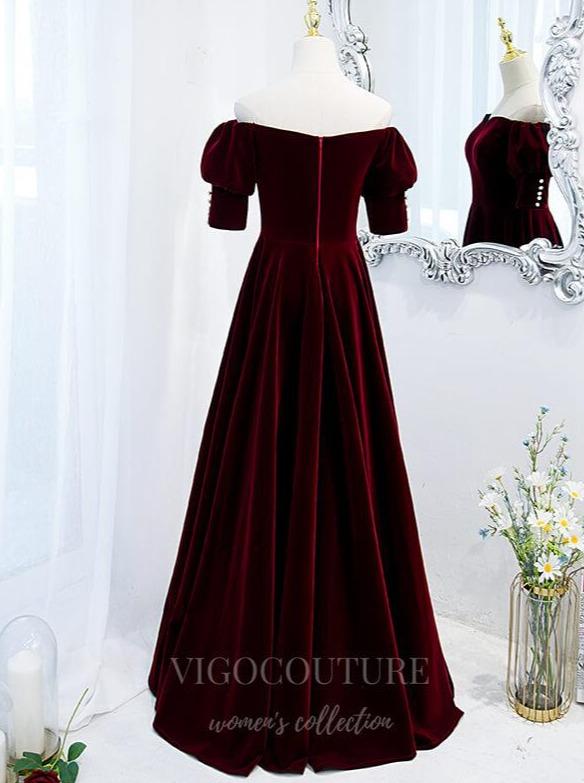 vigocouture-Dark Red Velvet Short Sleeve Prom Dress 2022 Off the Shoulder Formal Dress 20501-Prom Dresses-vigocouture-
