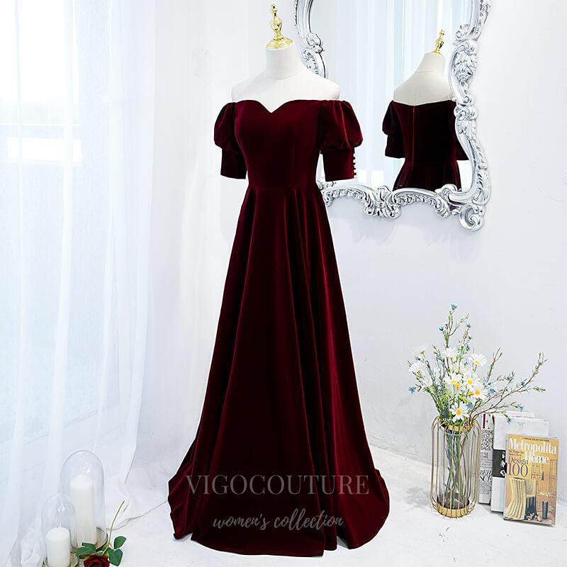 vigocouture-Dark Red Velvet Short Sleeve Prom Dress 2022 Off the Shoulder Formal Dress 20501-Prom Dresses-vigocouture-