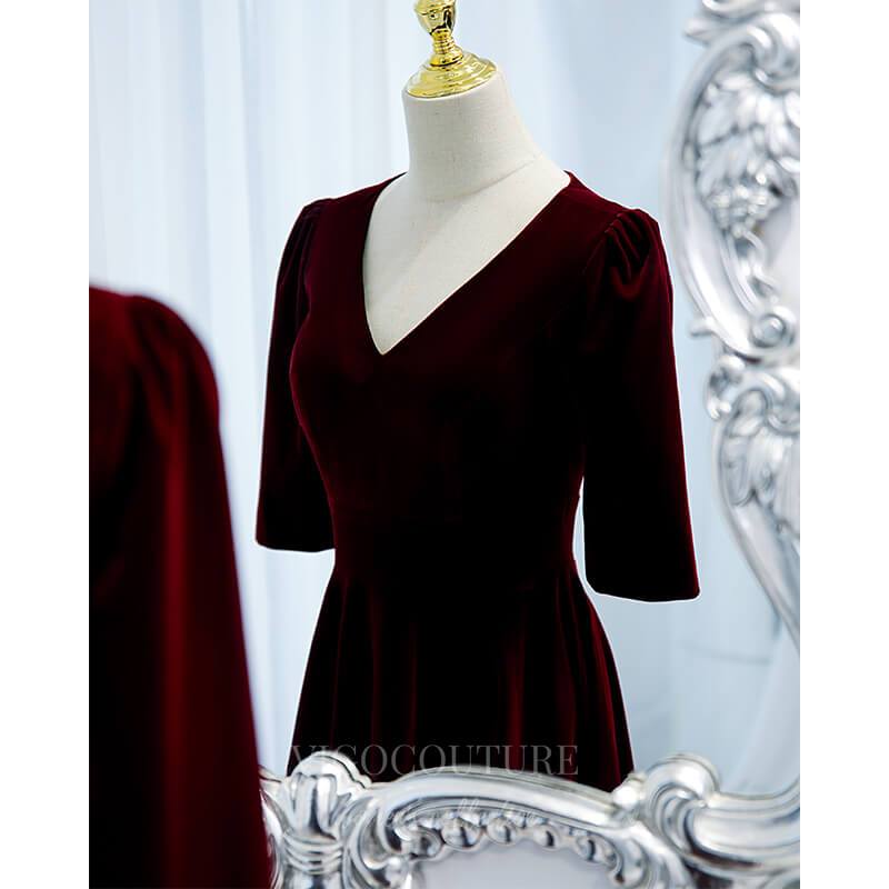 vigocouture-Dark Red Velvet Short Sleeve Prom Dress 2022 V-Neck Formal Dress 20500-Prom Dresses-vigocouture-