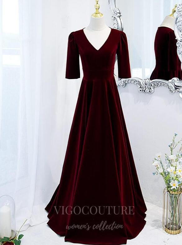 vigocouture-Dark Red Velvet Short Sleeve Prom Dress 2022 V-Neck Formal Dress 20500-Prom Dresses-vigocouture-Dark Red-US2-