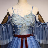vigocouture-Dusty Blue Bat Sleeve Quinceanera Dresses Lace Applique Ball Gown 20408-Prom Dresses-vigocouture-