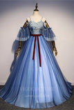 vigocouture-Dusty Blue Bat Sleeve Quinceanera Dresses Lace Applique Ball Gown 20408-Prom Dresses-vigocouture-Dusty Blue-Custom Size-