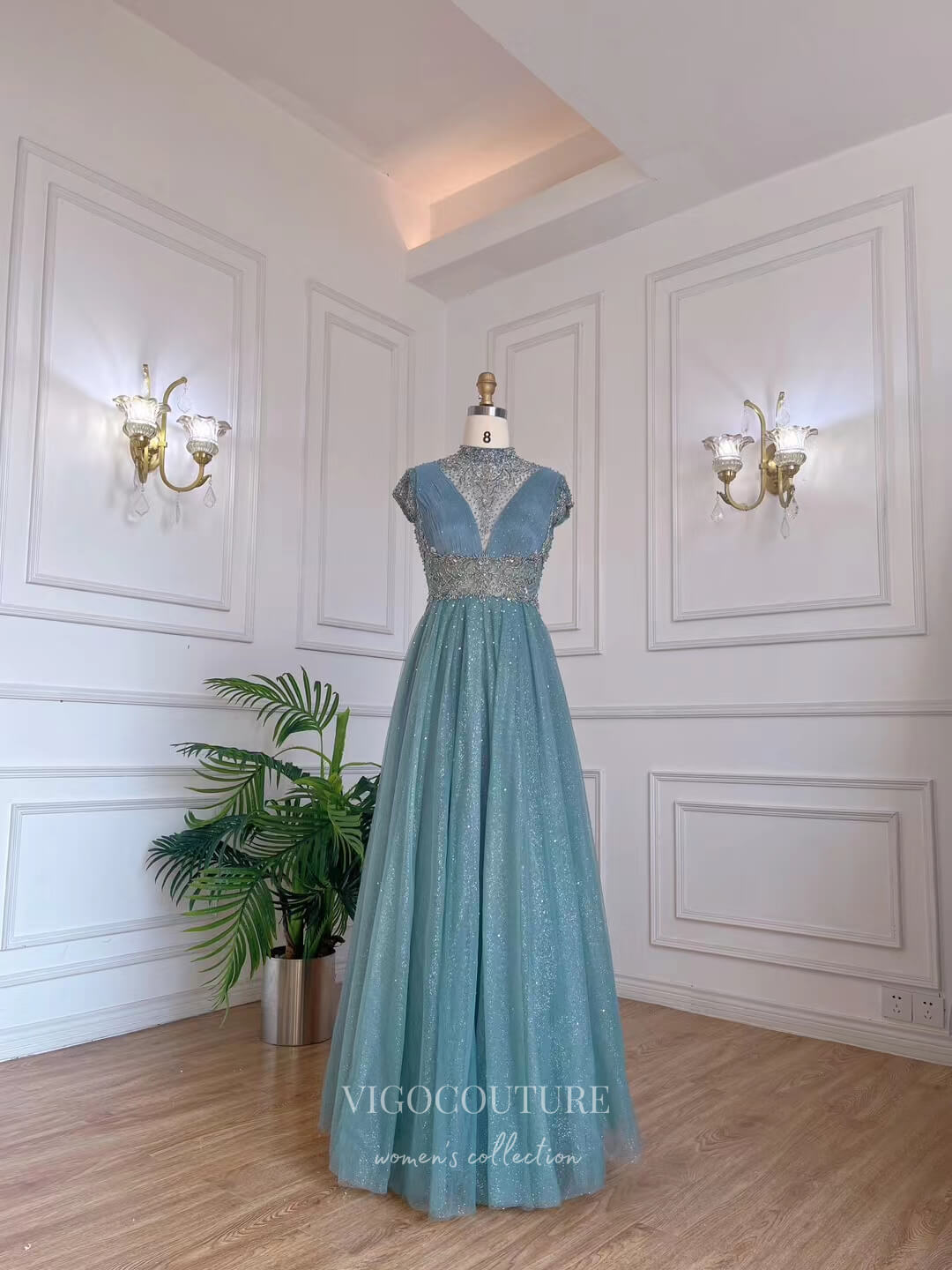 Dusty Blue Beaded High Neck Prom Dresses Cap Sleeve Mother of the Bride Dresses 22129-Prom Dresses-vigocouture-Dusty Blue-US2-vigocouture