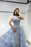 Dusty Blue Beaded Lace Applique Prom Dress with Ruffled Overskirt 22253-Prom Dresses-vigocouture-Dusty Blue-US2-vigocouture