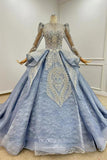 Dusty Blue Beaded Lace Wedding Gown with Long Sleeve and Cathedral Train 70001