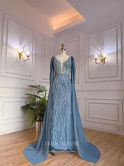 Dusty Blue Beaded Prom Dresses Cape Sleeve 1920s Pageant Dress 22127
