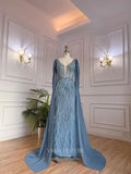 Dusty Blue Beaded Prom Dresses Cape Sleeve 1920s Pageant Dress 22127-Prom Dresses-vigocouture-Dusty Blue-US2-vigocouture