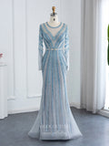 Dusty Blue Beaded Prom Dresses Long Sleeve 1920s Pageant Dress 22162