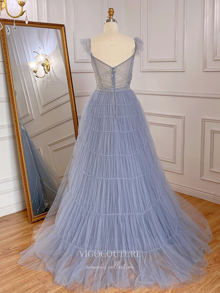 Dusty Blue Beaded Prom Dresses Plunging V-Neck Evening Dresses 22105-Prom Dresses-vigocouture-Dusty Blue-US2-vigocouture