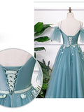 vigocouture-Dusty Blue Lace Applique Spaghetti Strap Prom Dress 20913-Prom Dresses-vigocouture-