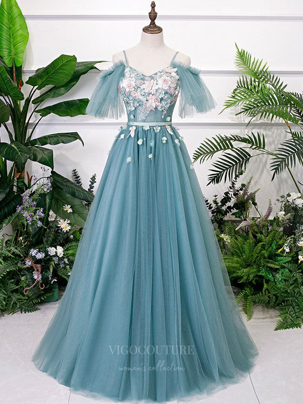 vigocouture-Dusty Blue Lace Applique Spaghetti Strap Prom Dress 20913-Prom Dresses-vigocouture-Dusty Blue-Custom Size-