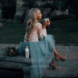 vigocouture-Dusty Blue Lace Homecoming Dress Long Sleeve Hoco Dress hc009-Prom Dresses-vigocouture-