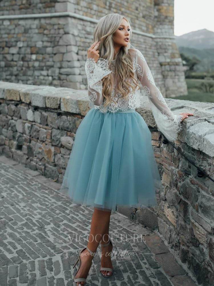 vigocouture-Dusty Blue Lace Homecoming Dress Long Sleeve Hoco Dress hc009-Prom Dresses-vigocouture-