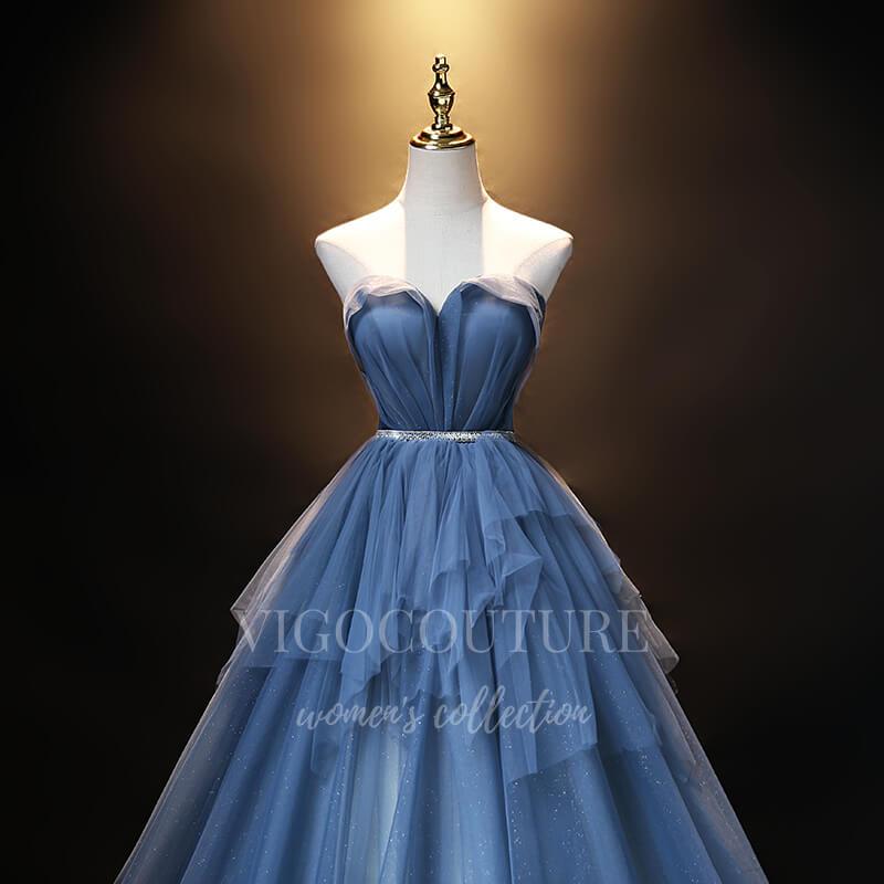 vigocouture-Dusty Blue Off the Shoulder Quinceañera Dresses Tiered Ball Gown 20487-Prom Dresses-vigocouture-