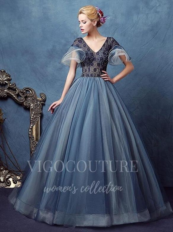 vigocouture-Dusty Blue Quinceañera Dresses Beaded Ball Gown 20432-Prom Dresses-vigocouture-