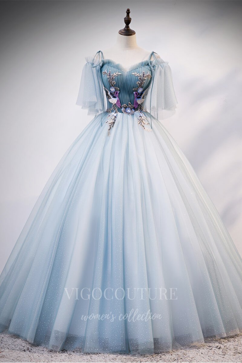 vigocouture-Dusty Blue Quinceañera Dresses Short Sleeve Ball Gown 20403-Prom Dresses-vigocouture-Dusty Blue-Custom Size-