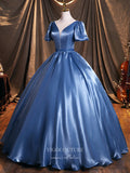 vigocouture-Dusty Blue Satin Quinceanera Dresses Puffed Sleeve Sweet 15 Dresses 21386-Prom Dresses-vigocouture-