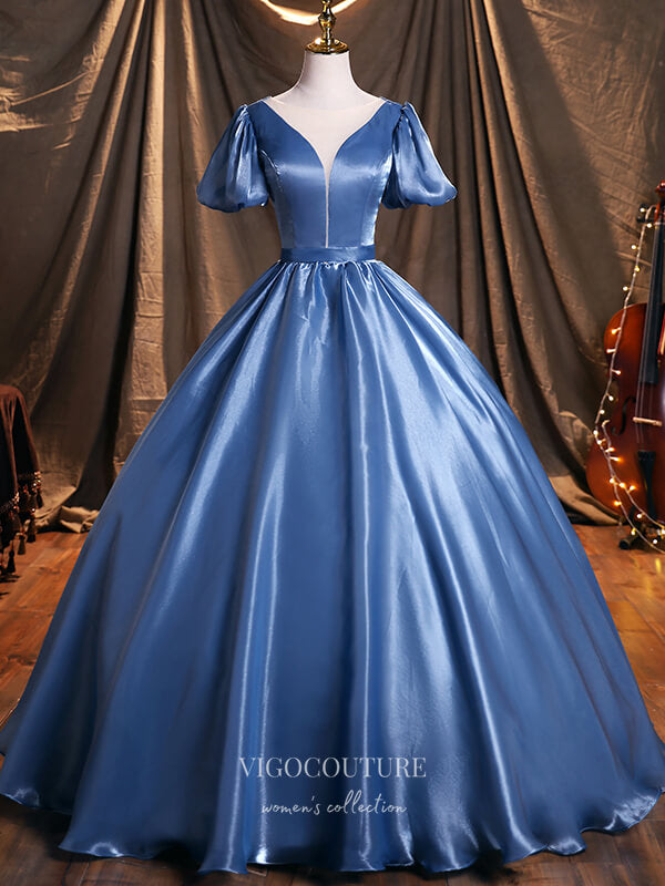 vigocouture-Dusty Blue Satin Quinceanera Dresses Puffed Sleeve Sweet 15 Dresses 21386-Prom Dresses-vigocouture-Dusty Blue-Custom Size-
