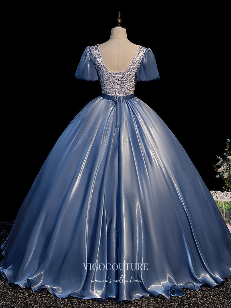 vigocouture-Dusty Blue Satin Quinceanera Dresses Puffed Sleeve Sweet 15 Dresses 21427-Prom Dresses-vigocouture-