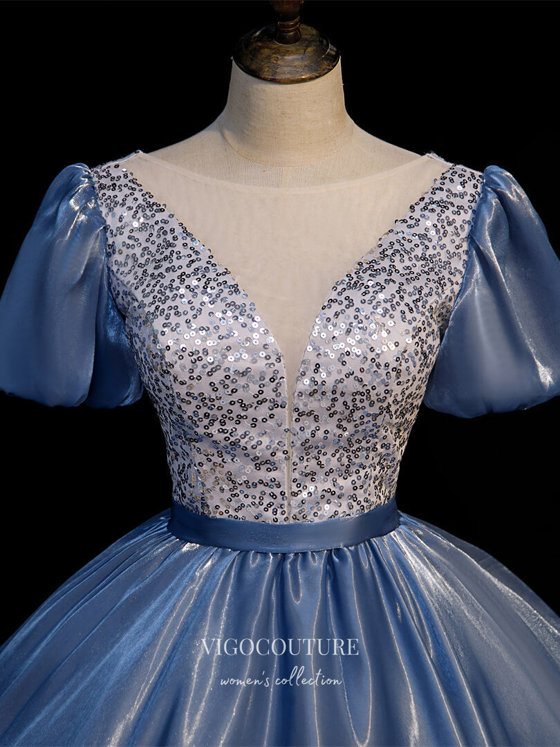 vigocouture-Dusty Blue Satin Quinceanera Dresses Puffed Sleeve Sweet 15 Dresses 21427-Prom Dresses-vigocouture-