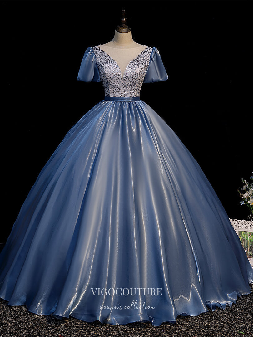 vigocouture-Dusty Blue Satin Quinceanera Dresses Puffed Sleeve Sweet 15 Dresses 21427-Prom Dresses-vigocouture-Dusty Blue-Custom Size-
