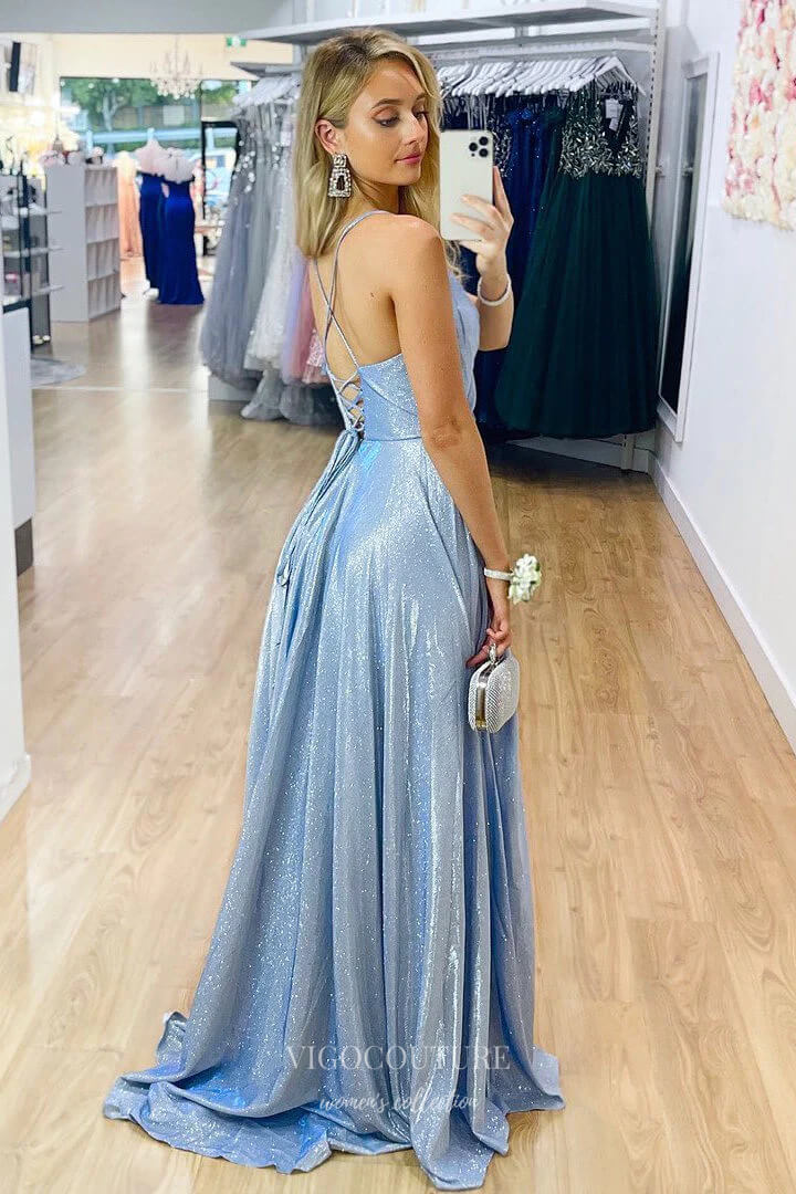Dusty Blue Sparkly Satin Prom Dresses with Slit Spaghetti Strap Formal Gown 21931-Prom Dresses-vigocouture-Dusty Blue-US2-vigocouture