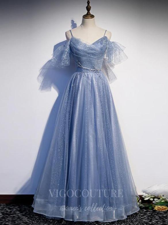 vigocouture-Dusty Blue Sparkly Tulle Prom Dress 2022 Off the Shoulder Formal Dress 20495-Prom Dresses-vigocouture-Dusty Blue-US2-