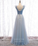 Dusty Blue Tulle Prom Dresses V-Neck Evening Dress 21821-Prom Dresses-vigocouture-Dusty Blue-US2-vigocouture