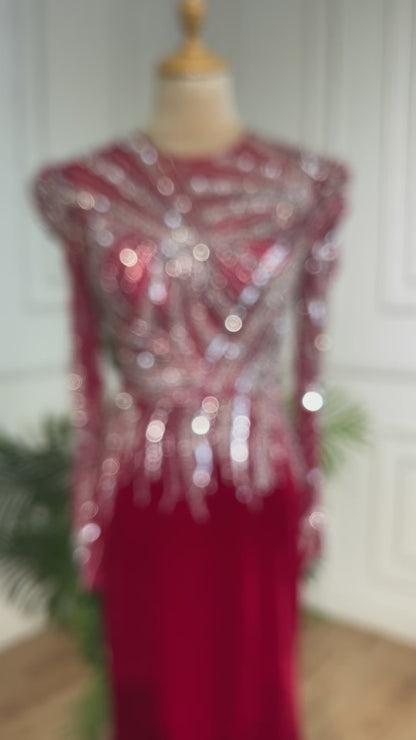 Red Beaded Sheath Prom Dresses Long Sleeve 1920s Evening Dress 22139