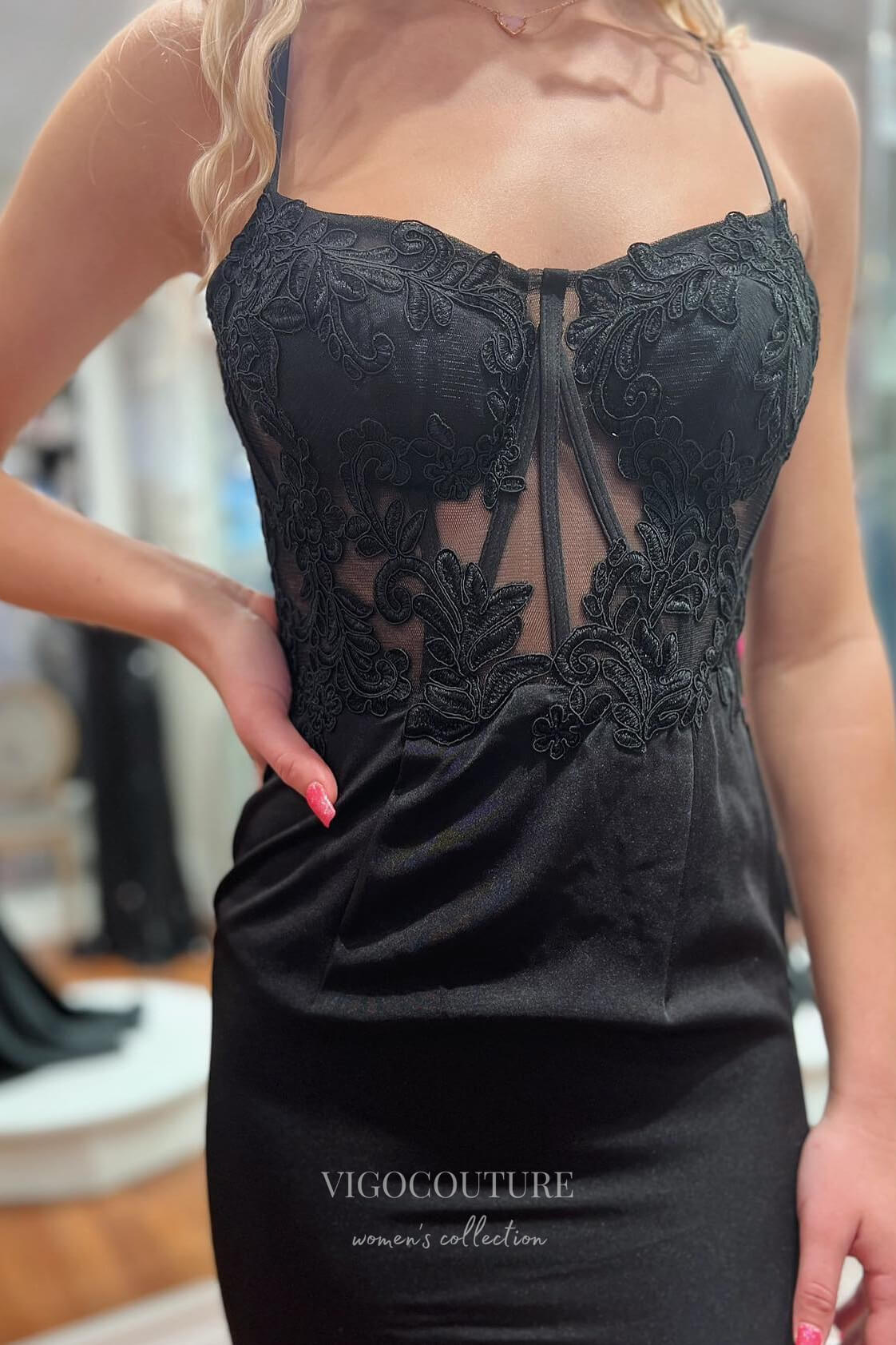 Elegant Black Lace Applique Spaghetti Strap Mermaid Prom Dress 22196 –  vigocouture