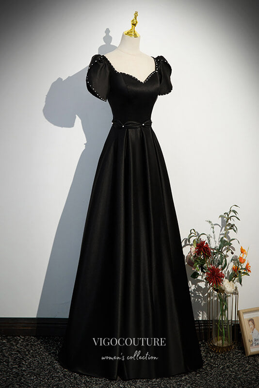 Elegant Black Satin Prom Dress with Puffed Sleeve 22315-Prom Dresses-vigocouture-Black-Custom Size-vigocouture
