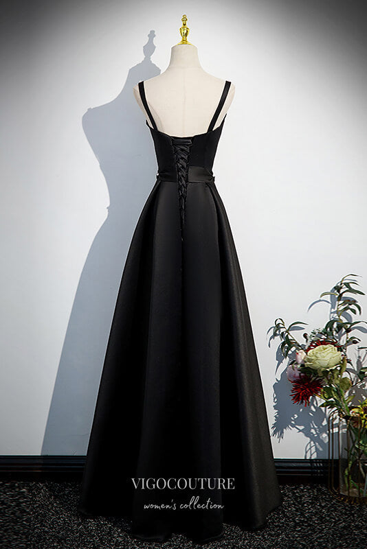Elegant Black Satin Prom Dress with Spaghetti Strap 22317-Prom Dresses-vigocouture-Black-Custom Size-vigocouture
