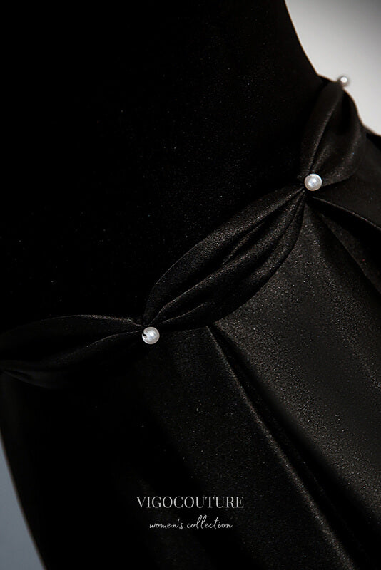 Elegant Black Satin Prom Dress with Spaghetti Strap 22317-Prom Dresses-vigocouture-Black-Custom Size-vigocouture