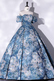 Elegant Blue Jacquard Satin Prom Dress with Puffed Sleeve 22339-Prom Dresses-vigocouture-Blue-Custom Size-vigocouture