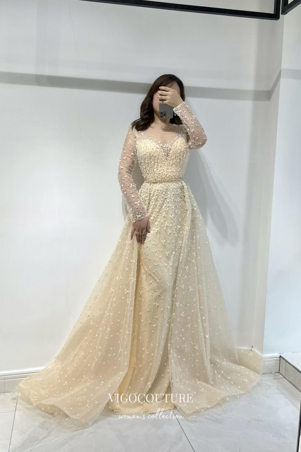 Elegant Champagne Beaded Prom Dress with Long Sleeve and Overskirt 22252-Prom Dresses-vigocouture-Champagne-US2-vigocouture