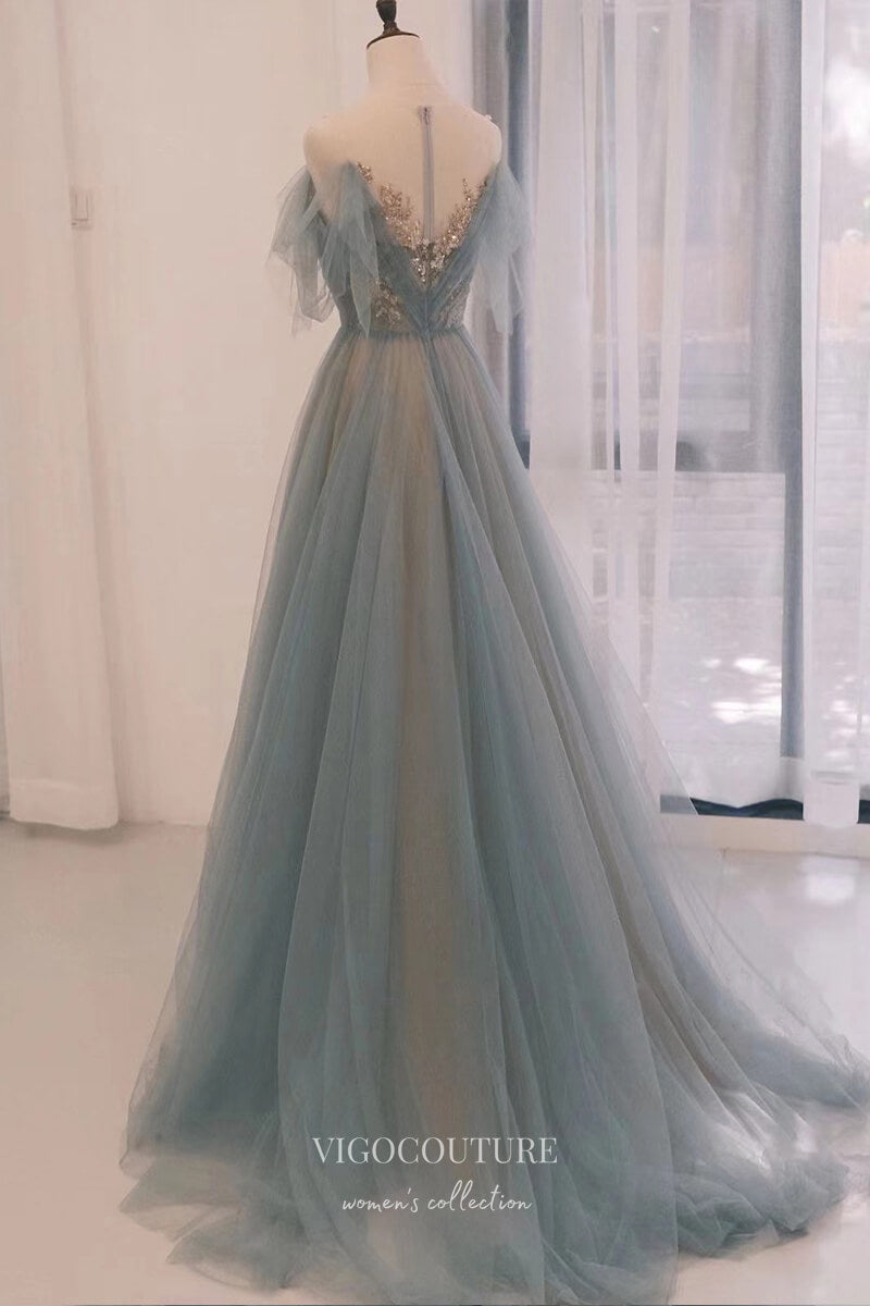 Elegant Dusty Blue Off the Shoulder Prom Dress with Sequin Lace Applique 22282-Prom Dresses-vigocouture-Dusty Blue-Custom Size-vigocouture