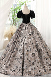 Elegant Jacquard Satin and Velvet Prom Dress with Puffed Sleeve 22286-Prom Dresses-vigocouture-Grey-Custom Size-vigocouture