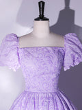 Elegant Jacquard Satin Prom Dress with Puffed Sleeve 22343-Prom Dresses-vigocouture-Lilac-Custom Size-vigocouture