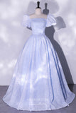 Elegant Jacquard Satin Prom Dress with Puffed Sleeve 22343-Prom Dresses-vigocouture-Light Blue-Custom Size-vigocouture