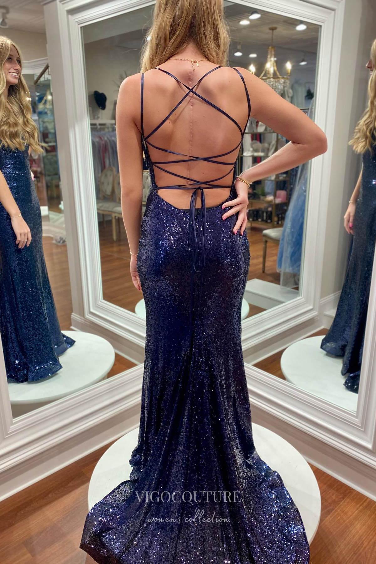 Elegant Navy Blue Spaghetti Strap Mermaid Prom Dress with Beaded Bodic –  vigocouture