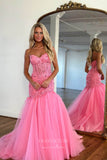 Elegant Pink Lace Applique Strapless Prom Dress with Sweetheart Neck 22215