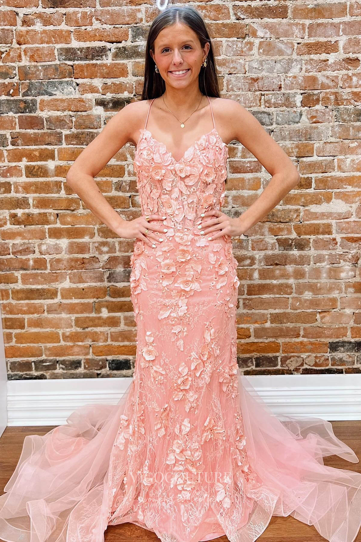 Elegant Pink Mermaid Prom Dress with Spaghetti Straps and 3D Flower Lace Applique 22195-Prom Dresses-vigocouture-Pink-Custom Size-vigocouture