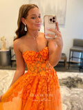 vigocouture-Orange Lace Applique Prom Dresses A-Line Strapless Formal Dresses 21568-Prom Dresses-vigocouture-