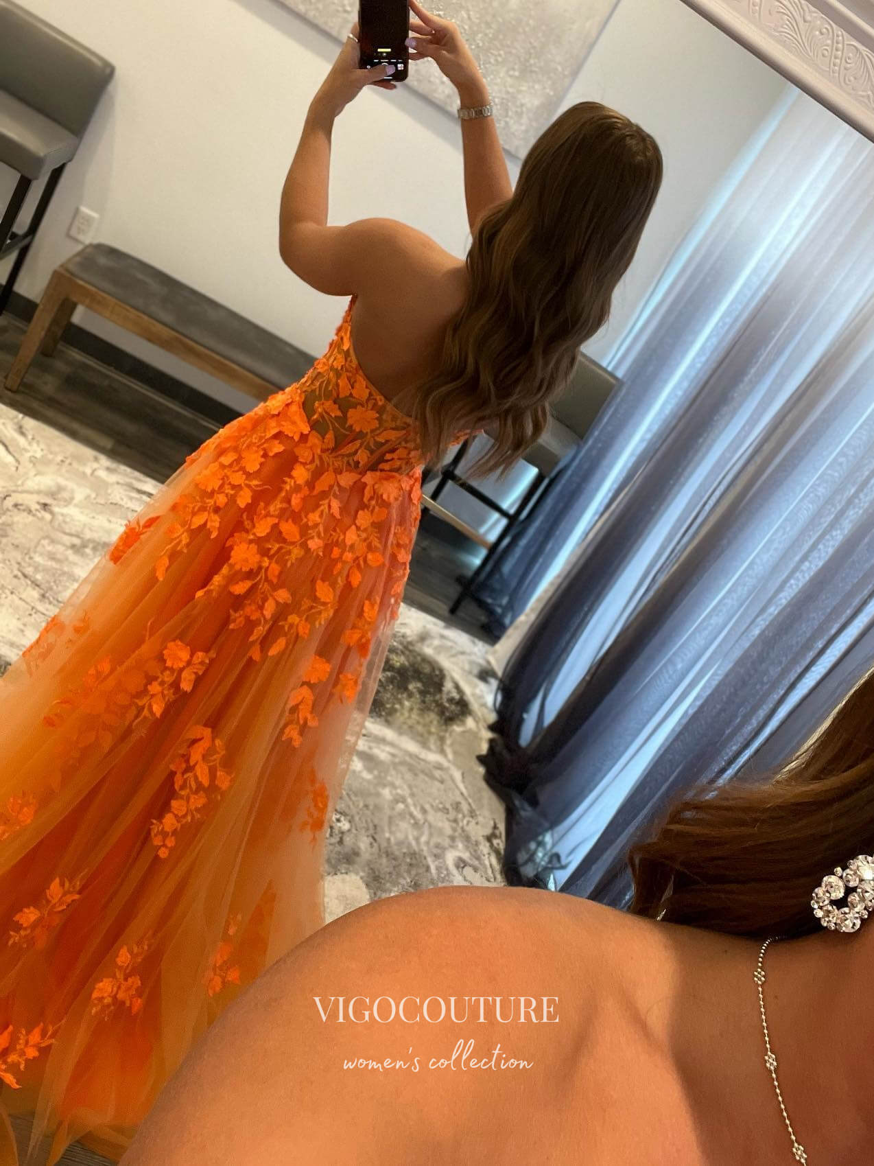 vigocouture-Orange Lace Applique Prom Dresses A-Line Strapless Formal Dresses 21568-Prom Dresses-vigocouture-