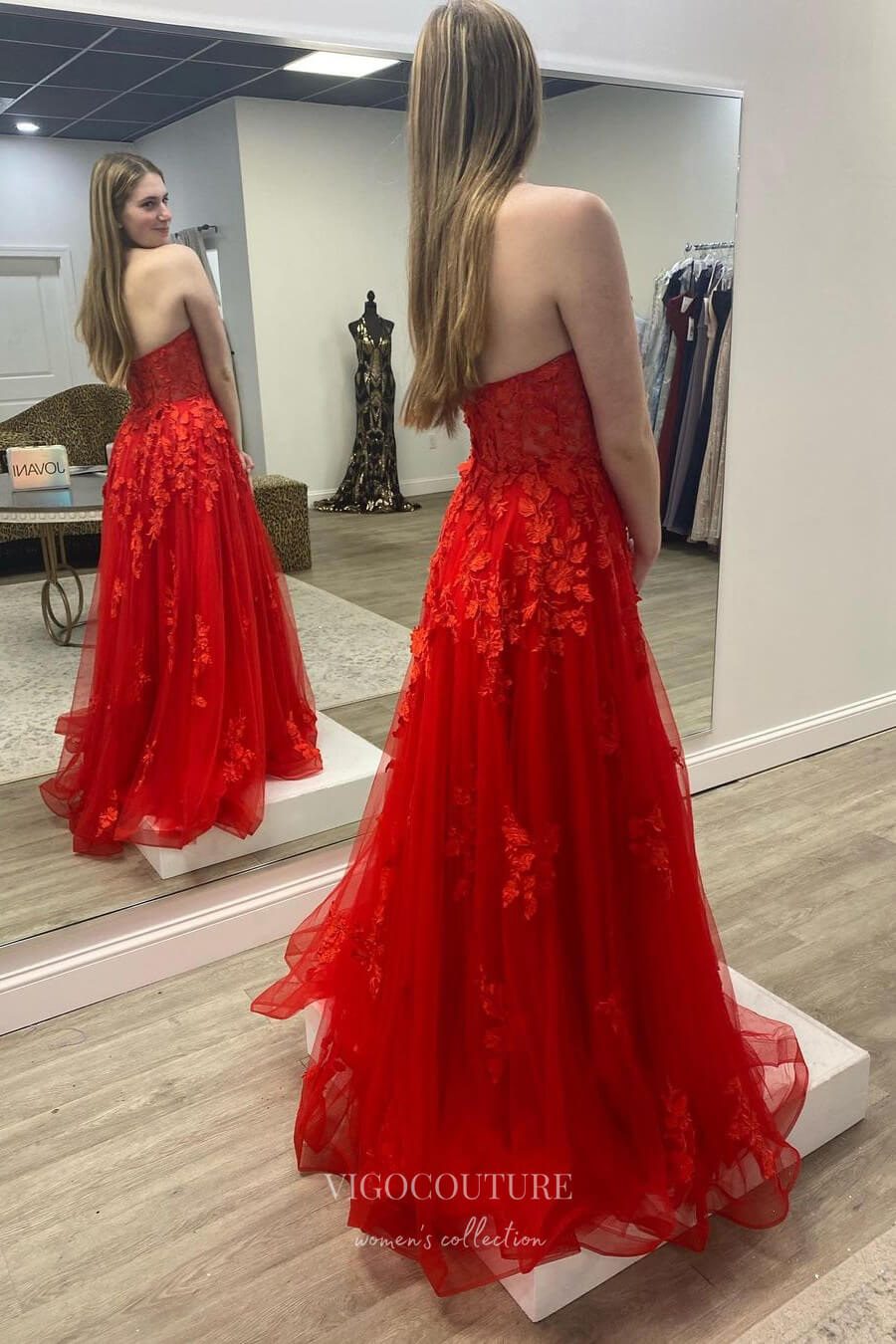 Elegant Strapless Lace Applique Prom Dress 21568-Prom Dresses-vigocouture-Orange-US2-vigocouture