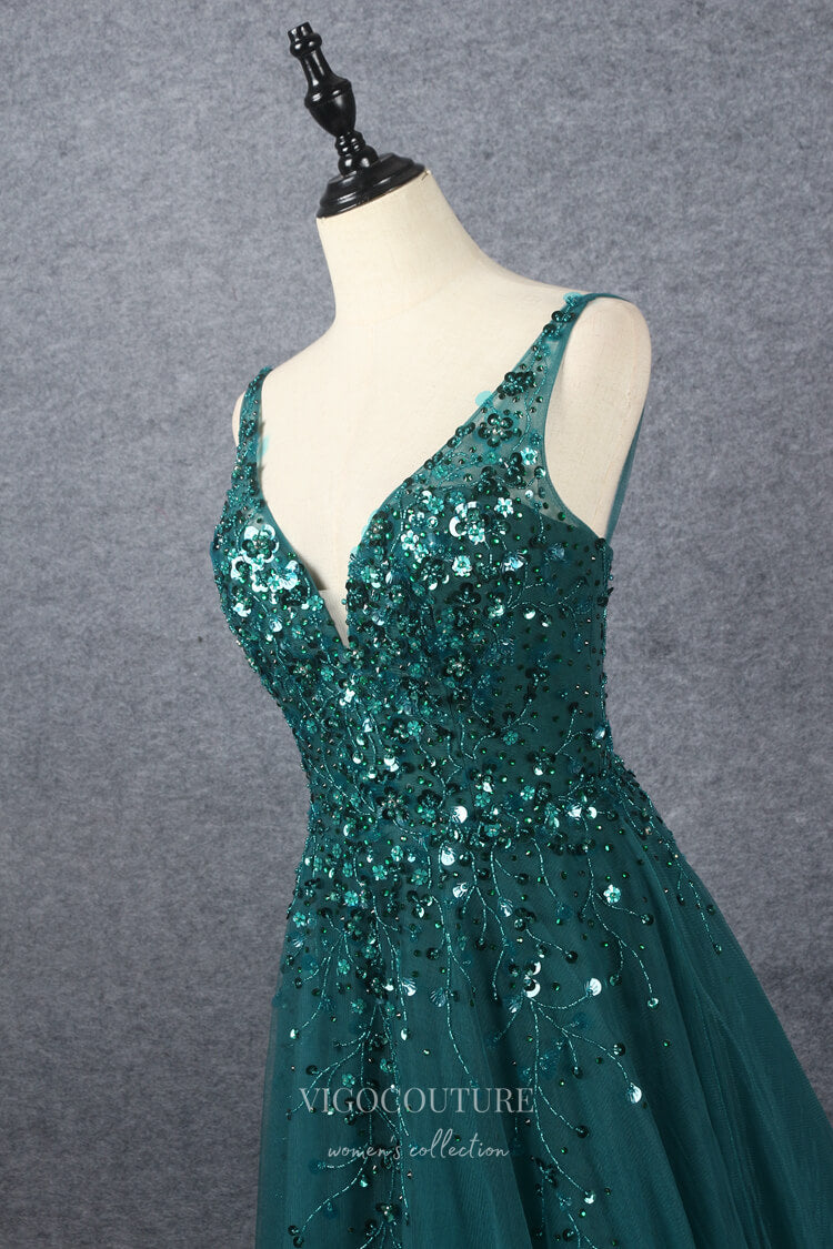 Emerald Green Beaded Prom Dresses Lace Applique Evening Dress 22131-Prom Dresses-vigocouture-Emerald-US2-vigocouture
